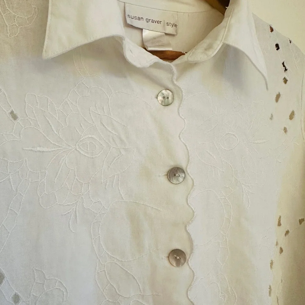 Susan Graver White Linen Blend Embroidered Lace Cut Out Blouse S Cottagecore 90s